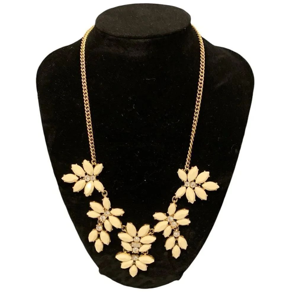J. Crew Ivory Marquis Petals Clear Rhinestone Brass Statement Necklace